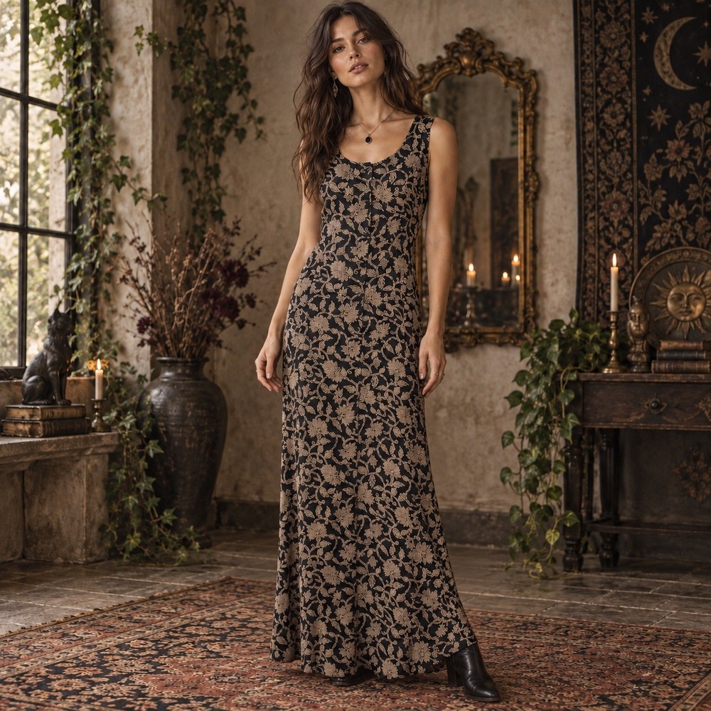 The Works Saks Fifth Avenue Silk Maxi Dress 14 Whimsigoth Dark Floral Boho 90s